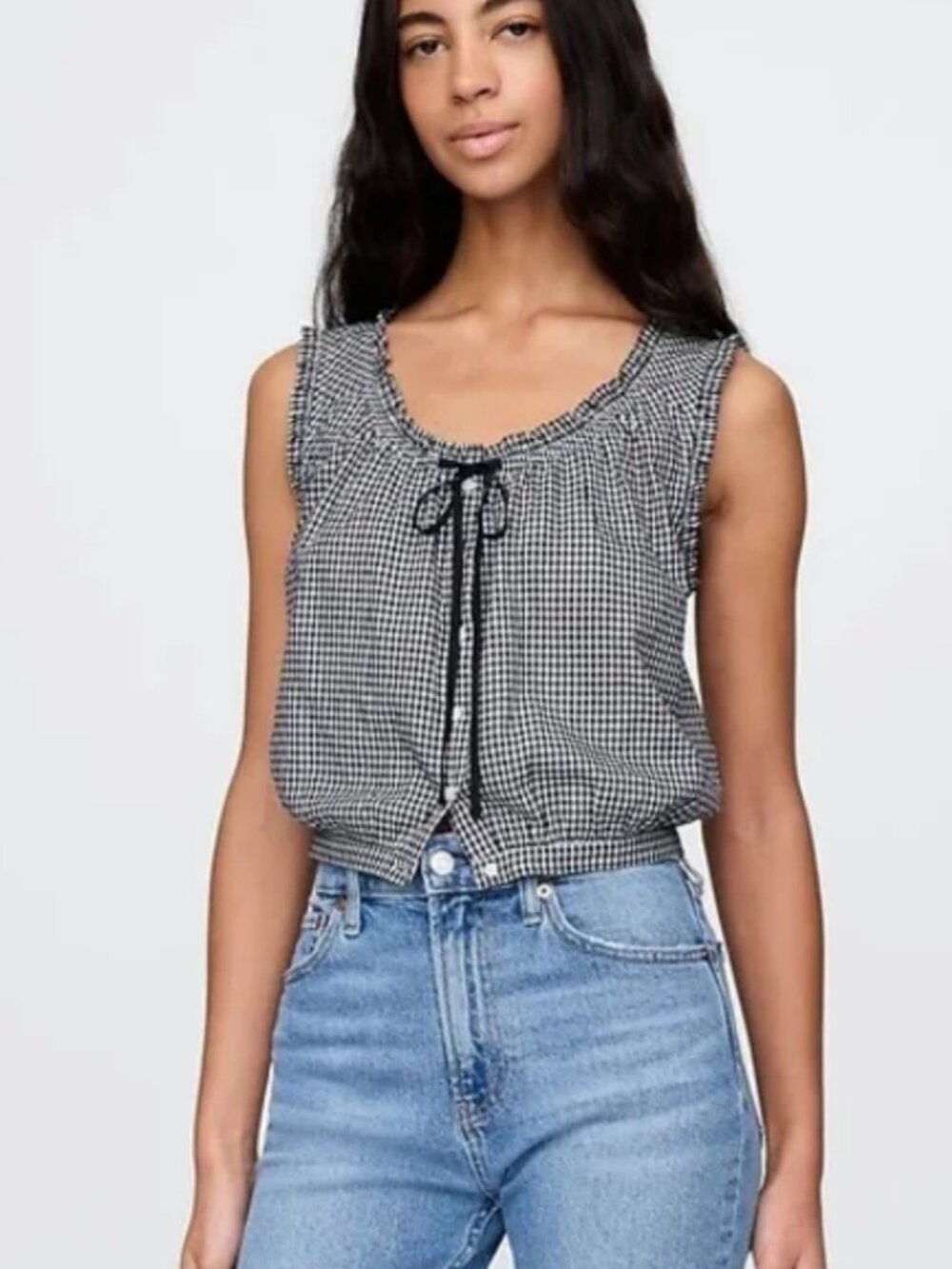 Gingham Tie-Front Crop Top - Black/White